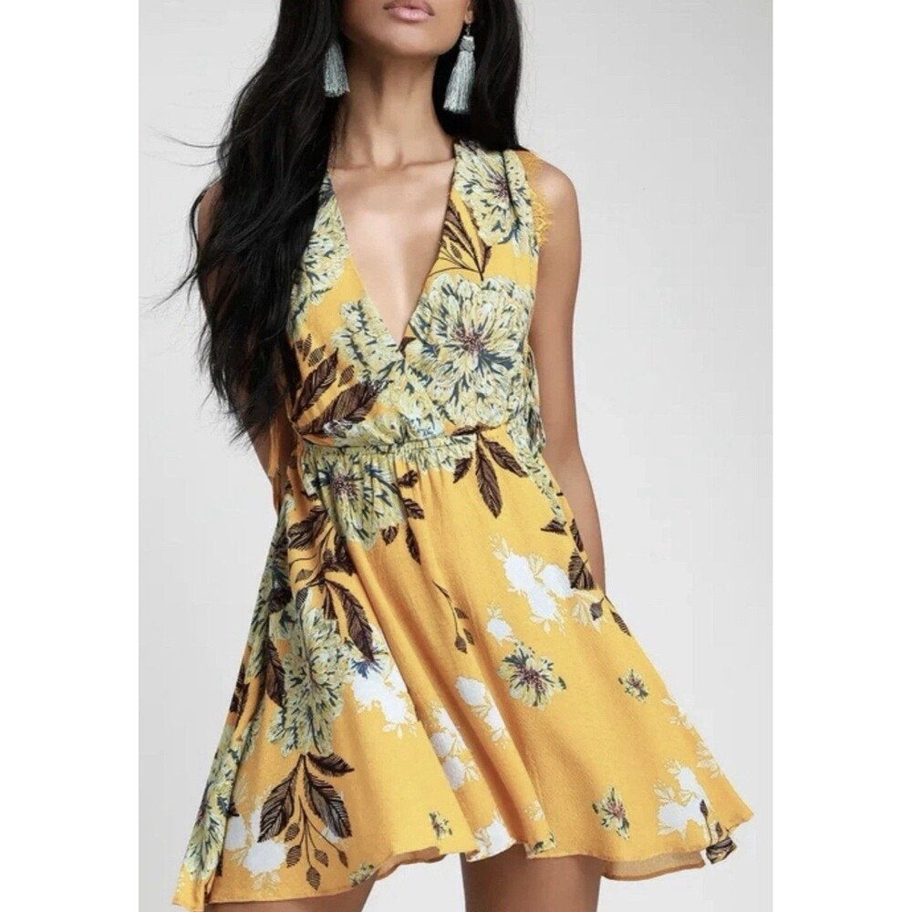 Free People "Marnie" Golden Yellow Floral Short Dress Size S Rayon Boho Floral.